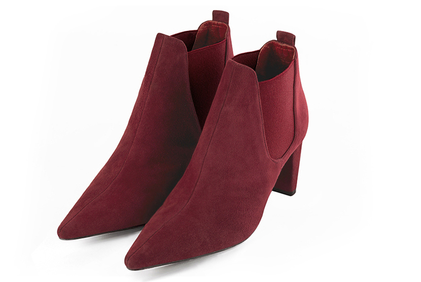 Burgundy red women's ankle boots, with elastics. Pointed toe. Medium comma heels. Front view - Florence KOOIJMAN